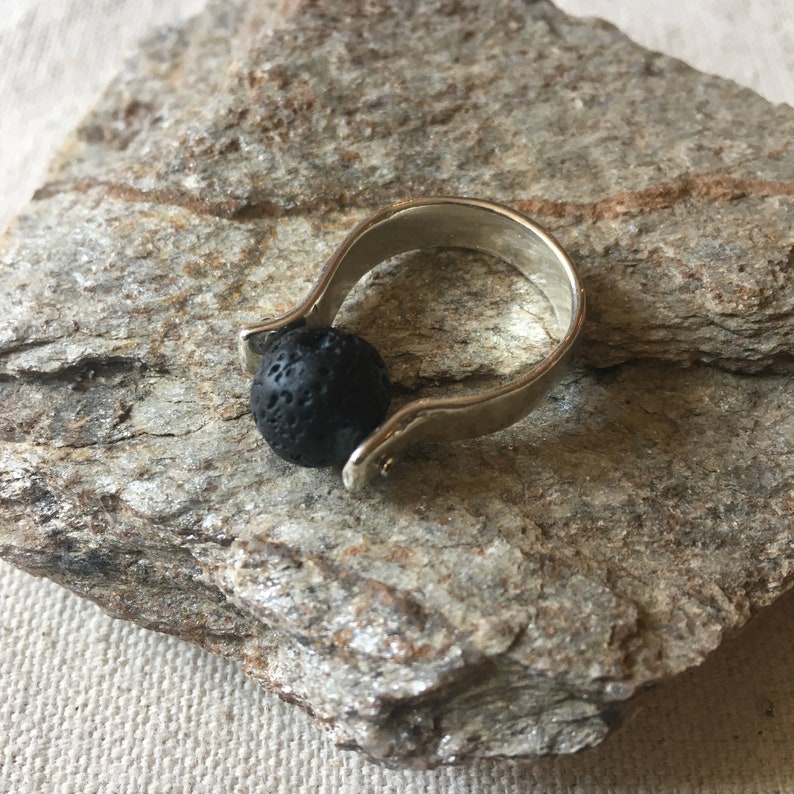 Raw Stone Ring, Silver Ring with Black Lava Stone Bead, Bohemian Jewelry, Contemporary Ring, Boho Rings, Sterling Silver Jewelry image 3