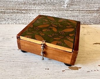 Wooden Jewelry Box, Brown wood with decorative green and copper paper decoupage, Jewelry storage, home decor gift for her, Girlfriend gift