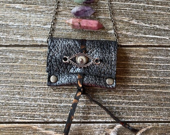 Black and silver mini leather pouch, Mini Medicine Bag, Evil Eye Talisman Necklace, Good Luck Necklace, Healing Crystal Pouch, Yogi Boho,