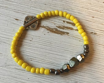 Pyrite Bracelet, Meditation Jewelry, Energy Bracelet, Yogi Gift, Healing Stones Bracelet, Spiritual Jewelry, Yellow and Steel Beads, Boho