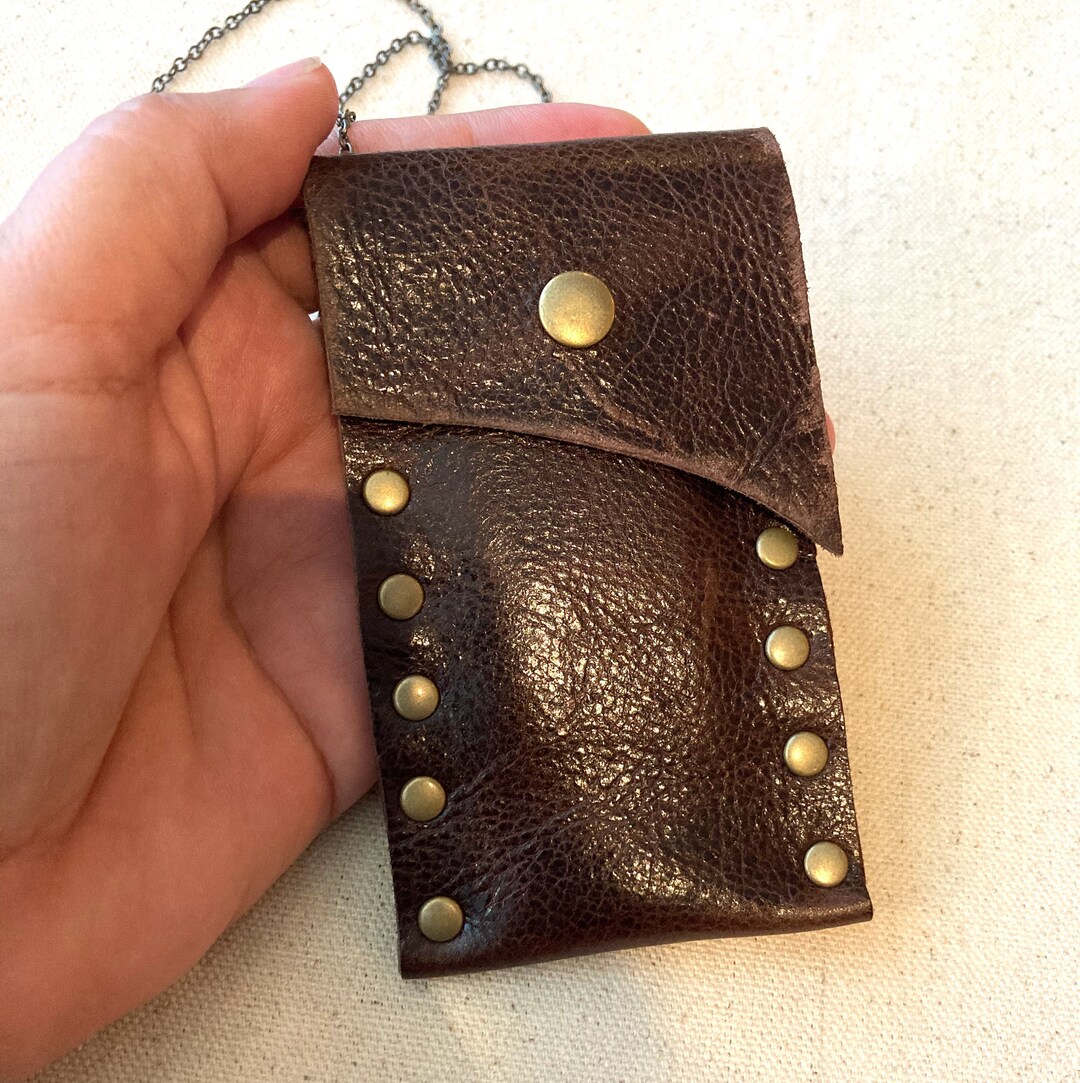 Small Leather Pouch Necklace, Brown Leather Medicine Bag Necklace