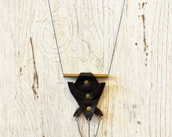 Black Leather Pendant Necklace, Statement necklace, Rock festival Jewelry, Leather brass and chain, Contemporary design, Urban Tribal style