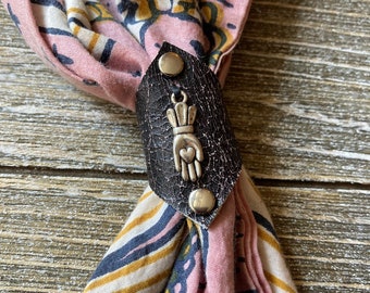 Leather bandana ring with silver hand charm, Western bandana bolo, Bandana slide, Bandana accessories, Scarf slide, Reclaimed leather goods