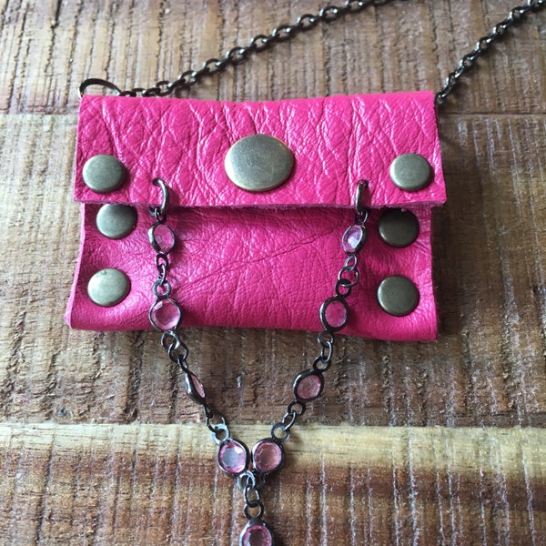 Cool Leather Jewelry - Talisman Pouch Necklace - Soft Pink Leather - Amulet Bag Necklace - Hot Pink