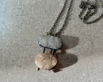 Druzy stone pendant necklace, Double stone pendant, Gray and brown combo Druzy necklace, Natural crystals on chain necklace