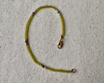 Beaded Bracelet, Lime Green,blue and gold seed bead bracelet