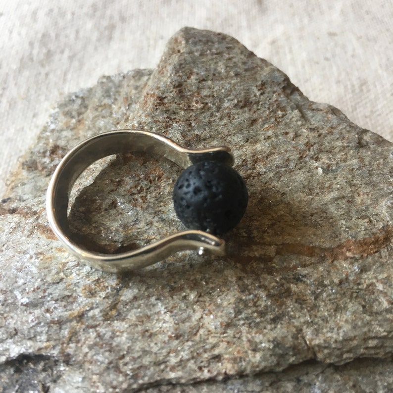 Raw Stone Ring, Silver Ring with Black Lava Stone Bead, Bohemian Jewelry, Contemporary Ring, Boho Rings, Sterling Silver Jewelry image 1