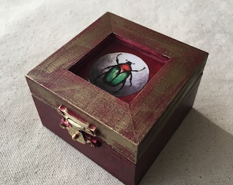 Engagement Ring Box with Egyptian Scarab, Painted Wooden Mystery Box, Wedding ring box with Original Beetle Illustration, Ring Bearer Box