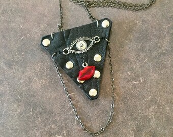 Guitar Pick Case, Leather pouch for guitar picks, Leather Accessories, Guitar player gift idea, Black with evil eye and red hot lips charms