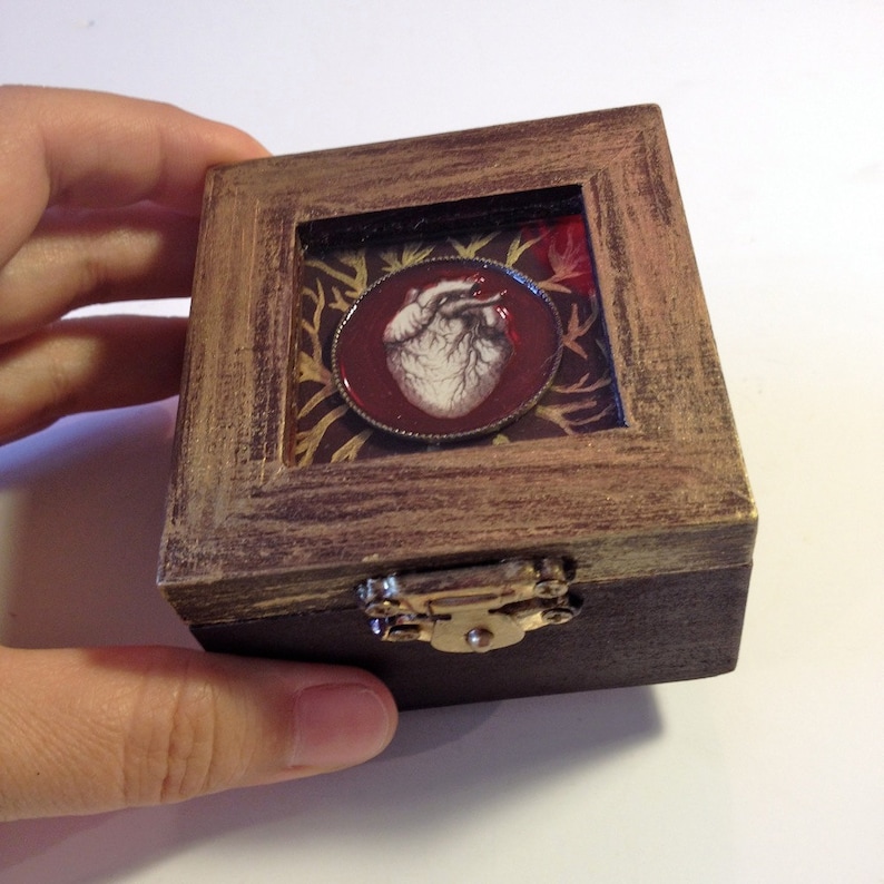 Goth Engagement Ring Box, Painted Wooden Heart Box, Small Jewel Box with Anatomical Heart, Rustic Wedding ring storage, Mystery Love box, image 1