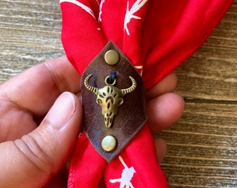 Leather bandana ring with Longhorn charm, Western bandana bolo, Bandana slide, Bandana accessories, Scarf slide, Reclaimed leather goods
