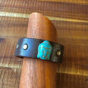 Buddha Bracelet - Howlite Turquoise - Dark Brown Leather Cuff Yoga Bracelet - Yogi Gift for him or her