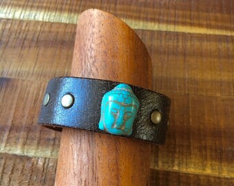 Buddha Bracelet - Howlite Turquoise - Dark Brown Leather Cuff Yoga Bracelet - Yogi Gift for him or her