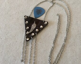 Guitar Pick Holder Necklace Rockn'roll jewelry, Black leather pouch on silver chain, Guitar Accessories for Him or Her, Musician gifts