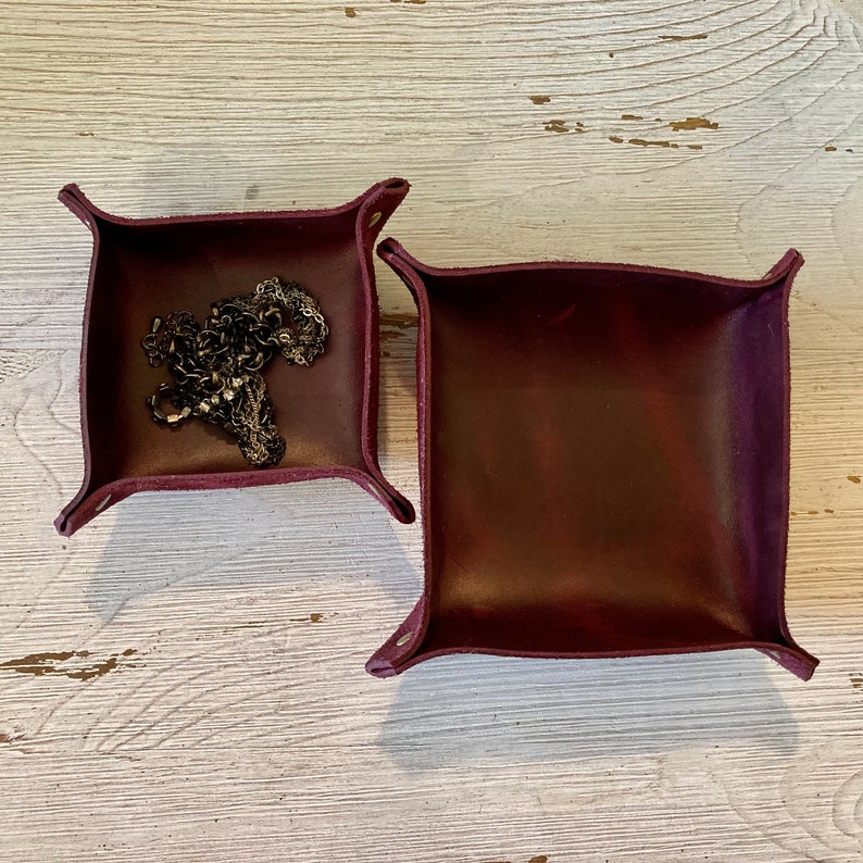 Leather Catch-all tray Set of Two, Ring Dish, Dark Purple Leather Jewelry Dish, Reclaimed Leather goods,Desk Accessories, For Home Or Office image 5