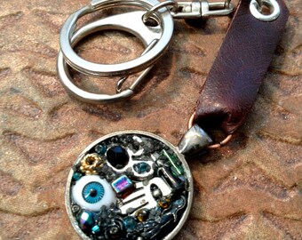 Evil Eye and Hamsa charms Key chain, Metallic mosaic and leather keychain, Reclaimed Leather accessories, Steampunk/Rocker style gifts,