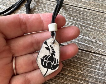 Polymer clay pendant necklace, Black and white floral  printed, Jewelry for her