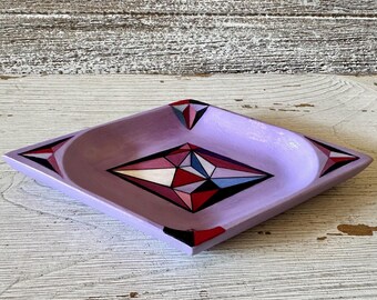 Diamond Shape Jewelry Dish, Hand painted decorative wooden tray, Jewelry storage plate, Painted diamond, Purple,blue and red