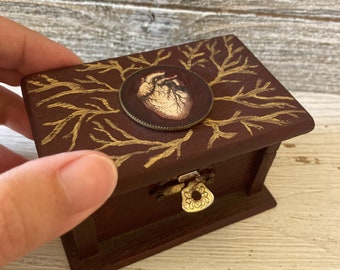 Engagement Ring Box, Goth ring box, Goth engagement ring box, Anatomical Heart Box, Small painted wood Jewel Box, Rustic painted wooden box,