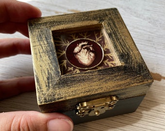 Anatomical Heart Ring Box, Steampunk Goth Painted Wooden Box for engagement ring, Girlfriend gift