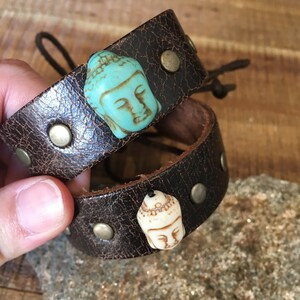 Buddha Head Bracelet - Dark Brown - Distressed Leather Cuff Yoga Bracelet