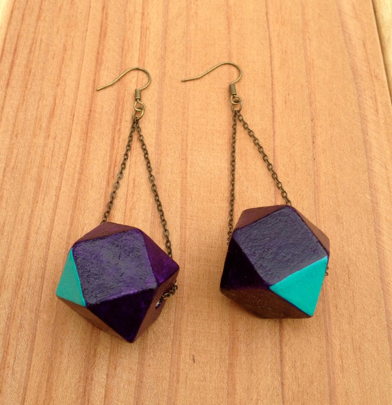 Modern Earrings, Faceted Wood Bead on Chain image 2