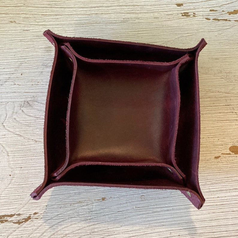 Leather Catch-all tray Set of Two, Ring Dish, Dark Purple Leather Jewelry Dish, Reclaimed Leather goods,Desk Accessories, For Home Or Office image 2