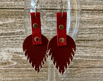 Contemporary Leather Earrings, Long Teardrop Earrings, Geometric dangle earrings in Red and Brown, Leather gifts, Contemporary jewelry