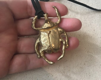 Scarab Necklace, Handcrafted Sculptural Brass Pendant, Ancient Egyptian Inspired, Good Luck Charm, Golden Scarab Beetle on Leather Cord,