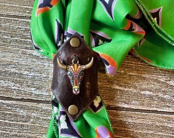 Leather bandana ring with Texas Longhorn charm, Western bandana slide, Leather accessories, Scarf slide, Reclaimed leather goods