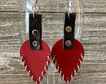 Contemporary Leather Earrings, Long Teardrop Earrings, Geometric dangle earrings in Red and Black, Leather gifts, Contemporary jewelry