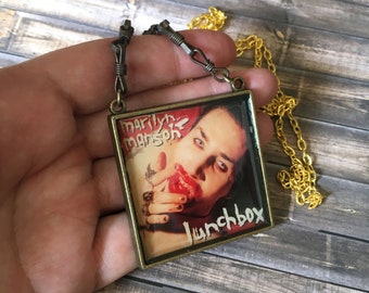 Marilyn Manson Necklace, Music Album Cover Pendant, Lunchbox ,Music Festival Chic, Marilyn Manson Fan, Music Icon Gifts, Red Lipstic