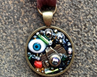 Evil Eye Keychain, Leather and Metal,Steampunk Rocker Style