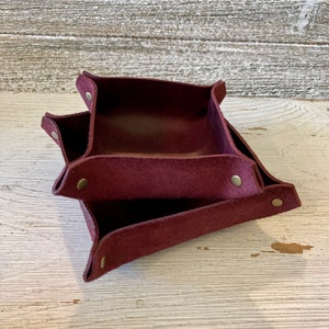 Leather Catch-all tray Set of Two, Ring Dish, Dark Purple Leather Jewelry Dish, Reclaimed Leather goods,Desk Accessories, For Home Or Office image 1