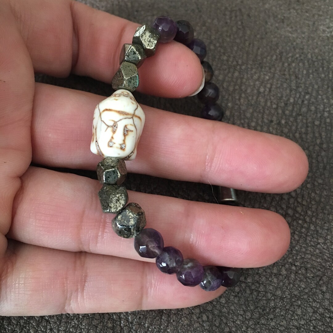 Buddha Bead Bracelet, Amethyst and Pyrite Stones, Meditation Jewelry