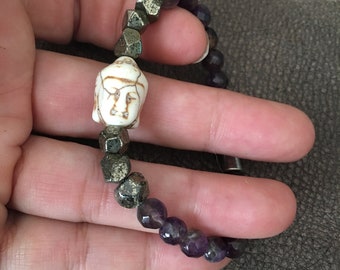 Buddha Bead Bracelet, Amethyst and Pyrite Stones, Meditation Jewelry, Energy Bracelet, Yogi Gift, Healing Stones Bracelet, Spiritual Jewelry