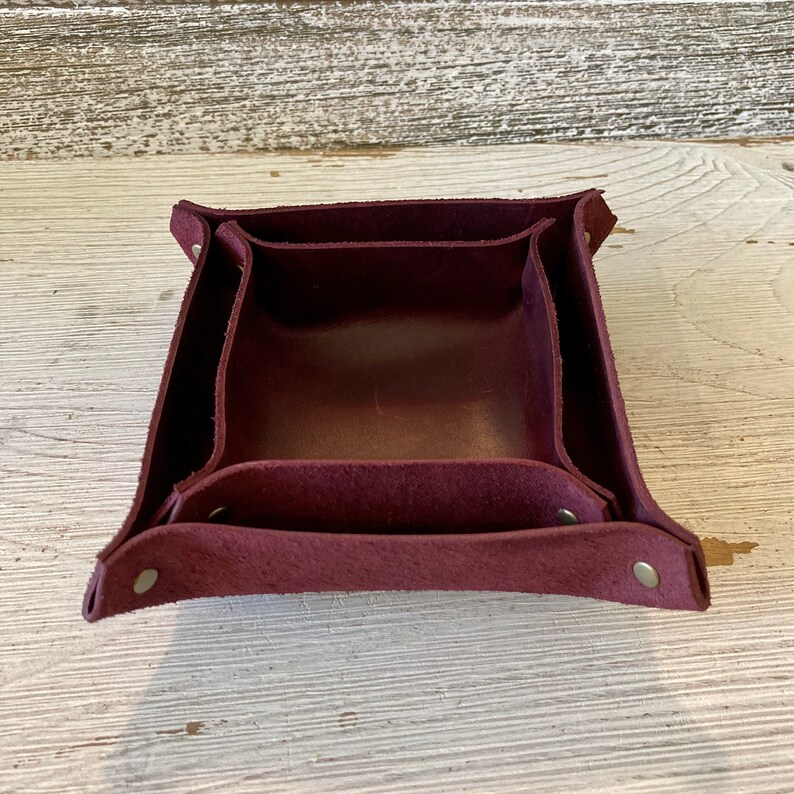Leather Catch-all tray Set of Two, Ring Dish, Dark Purple Leather Jewelry Dish, Reclaimed Leather goods,Desk Accessories, For Home Or Office image 6
