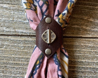 Leather bandana ring with silver bead,Western bandana bolo,Dark brown bandana slide,Bandana accessories,Scarf slide, Reclaimed leather goods