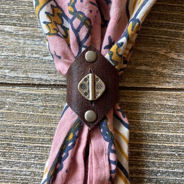 Leather bandana ring with silver bead,Western bandana bolo,Dark brown bandana slide,Bandana accessories,Scarf slide, Reclaimed leather goods