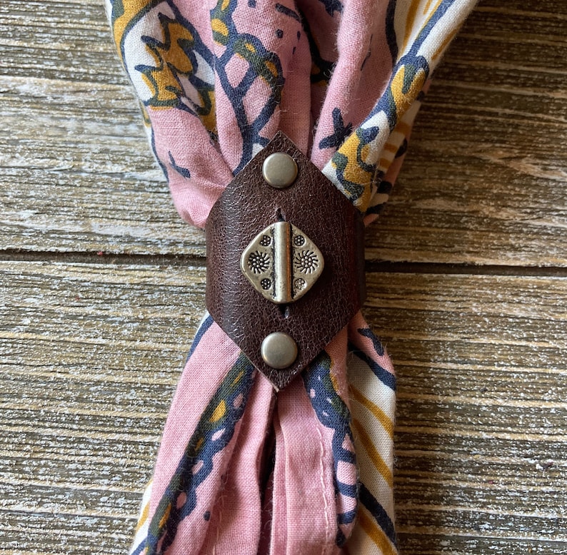 Leather bandana ring with silver bead,Western bandana bolo,Dark brown bandana slide,Bandana accessories,Scarf slide, Reclaimed leather goods image 1