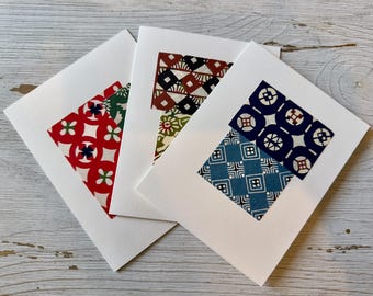 Origami Paper Note Cards, Set of three handmade collage cards, Original Japanese paper greeting cards,