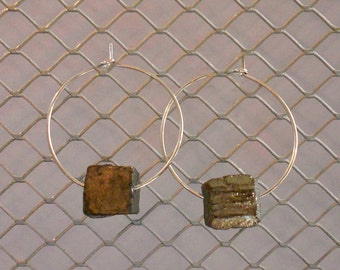 Silver Loop Earrings, With Natural Pyrite Cubes