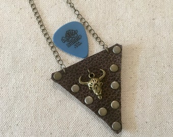 Guitar Pick Case, Guitar accessories, Guitar player gift, Leather pick-pouch, Music-festival necklace, Longhorn charm, Small Leather gifts