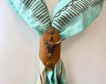 Leather Bandana Ring, Texas Longhorn Charm, Western Scarf Slide, Reclaimed Accessory