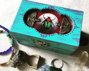 Egyptian Scarab Box, Small Turquoise Ring Box, Hand Painted Wood, Good Luck Gift ,Neo Egyptian Style, Goddess Symbols Painted Beetle,OOAK