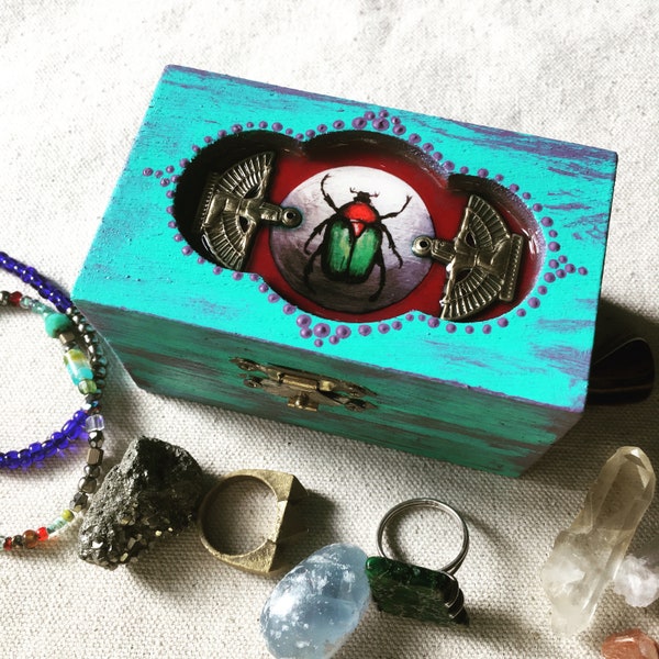 Egyptian Scarab Box, Small Turquoise Ring Box, Hand Painted Wood, Good Luck Gift ,Neo Egyptian Style, Goddess Symbols Painted Beetle,OOAK