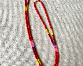 Seed bead necklace, Color block beaded necklace on silk cord, Red, pink, yellow, blue and gold, Spring necklace, Bright summer jewelry