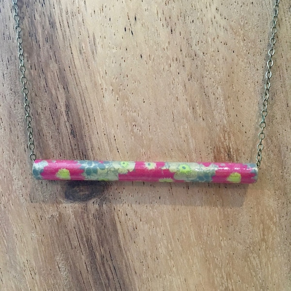 Bar Pendant Necklace, Brass Tube Necklace,  Modern Jewelry, Minimalist Necklace, Pink Floral Print, Tube Shape Bar Pendant Necklace,