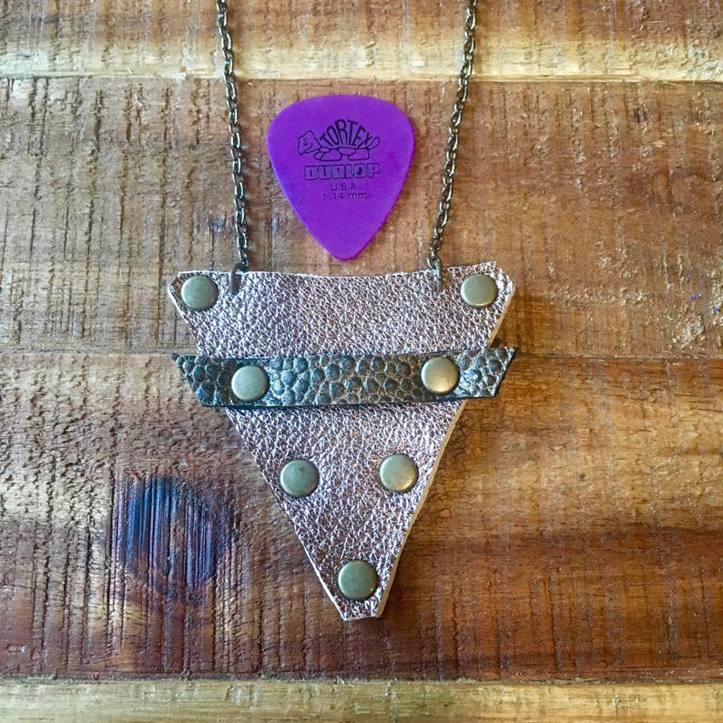 Guitar Pick Holder Necklace Metalic Silver Tone Leather Etsy
