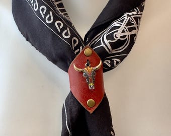 Leather Bandana Ring, Texas Longhorn Charm, Western Scarf Slide, Reclaimed Accessory